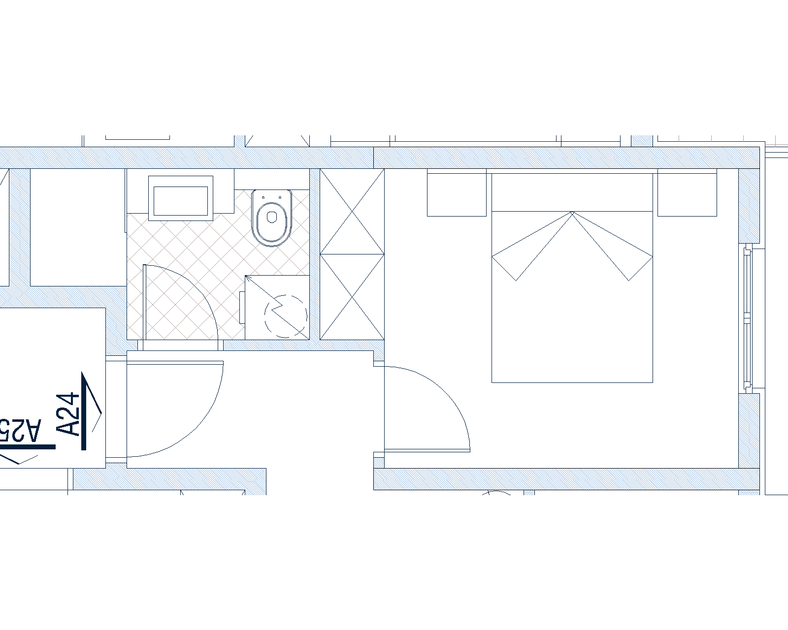 Layout of the bedroom with en-suite bathroom in Apartment No. 1801, Budva, Montenegro: furniture placement and zoning plan.