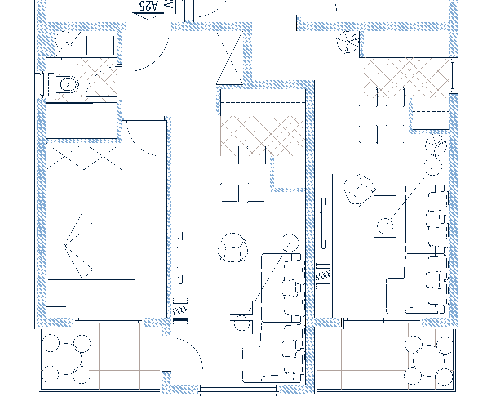 Apartment layout in Budva, Montenegro: floor plan of the living room, bedroom, kitchen, and two terraces with furniture.