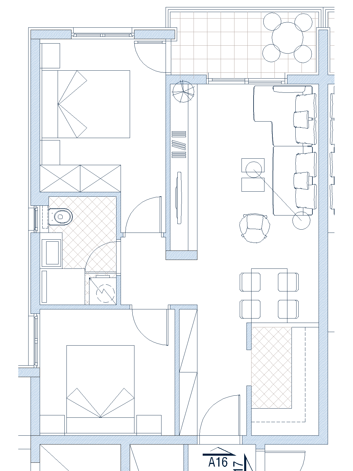 Apartment layout in Budva, Montenegro: living room with kitchen, two bedrooms, bathroom, and a terrace with a dining area.