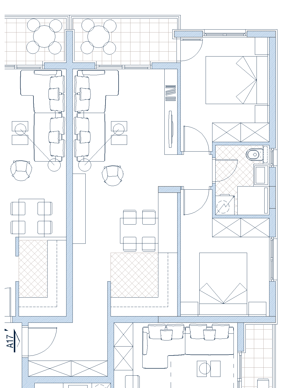 Apartment layout in Budva, Montenegro: floor plan with furniture arrangement, bedrooms, living room, and terrace.