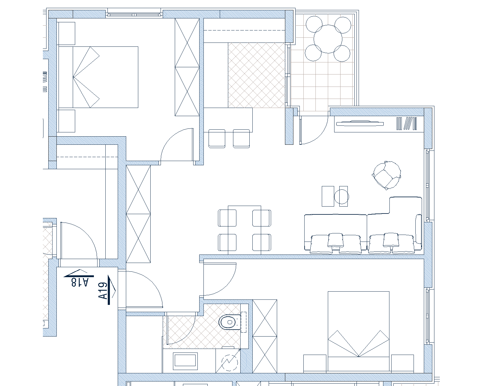 Layout of a two-bedroom apartment in Budva, Montenegro: living room with terrace, two bedrooms, kitchen, and bathroom.