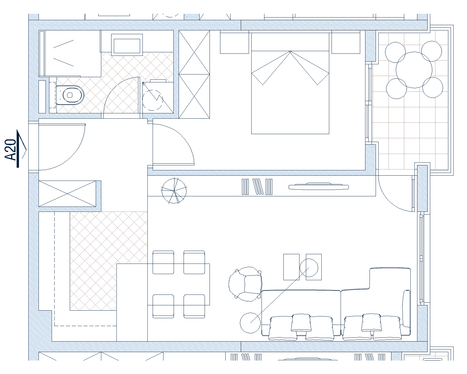 Apartment layout in Budva, Montenegro: living room with kitchen, bedroom, bathroom, and a furnished terrace.