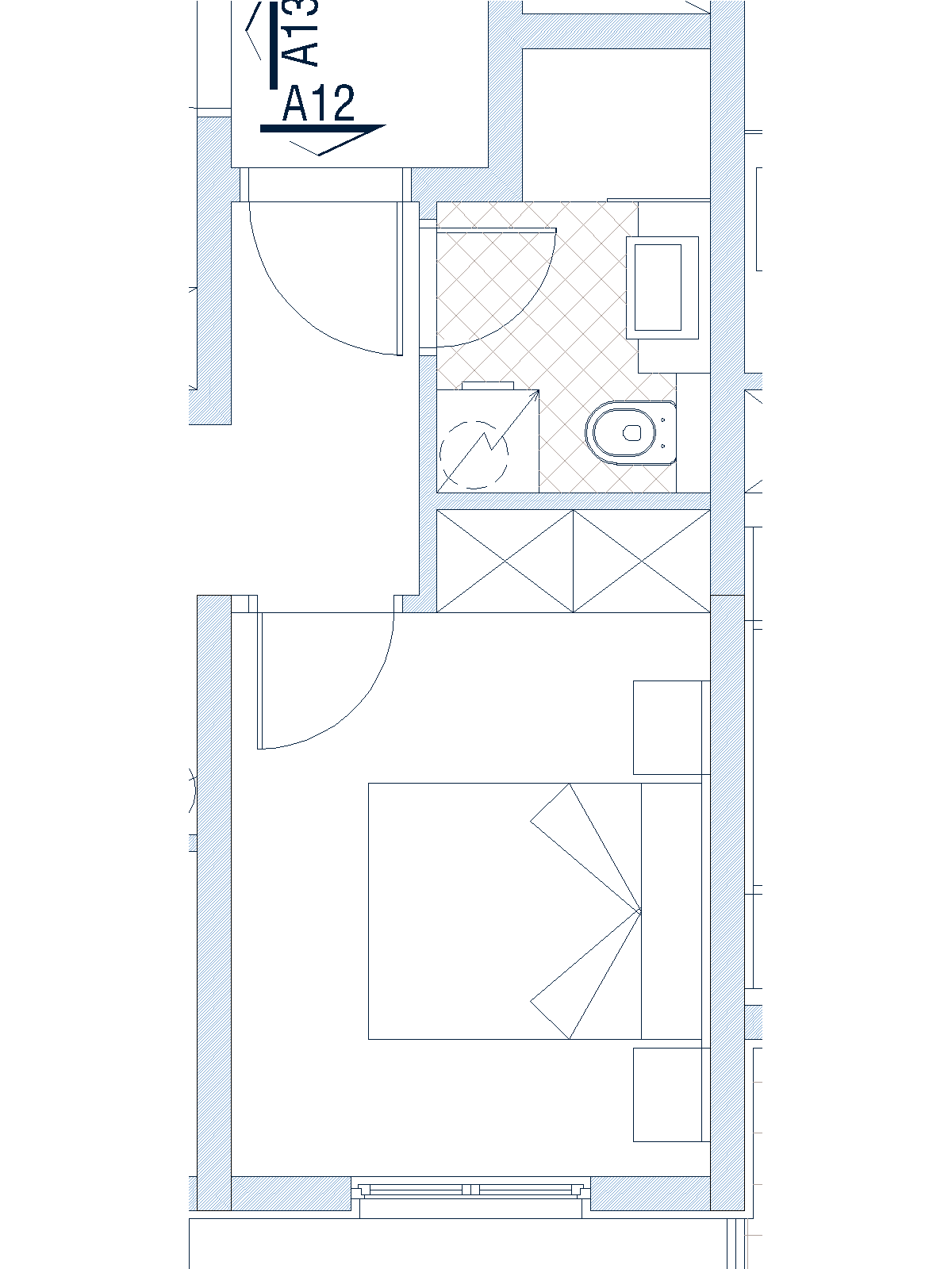 Layout of a bedroom with an en-suite bathroom in an apartment in Budva, Montenegro: a diagram of the furniture and plumbing arrangement.