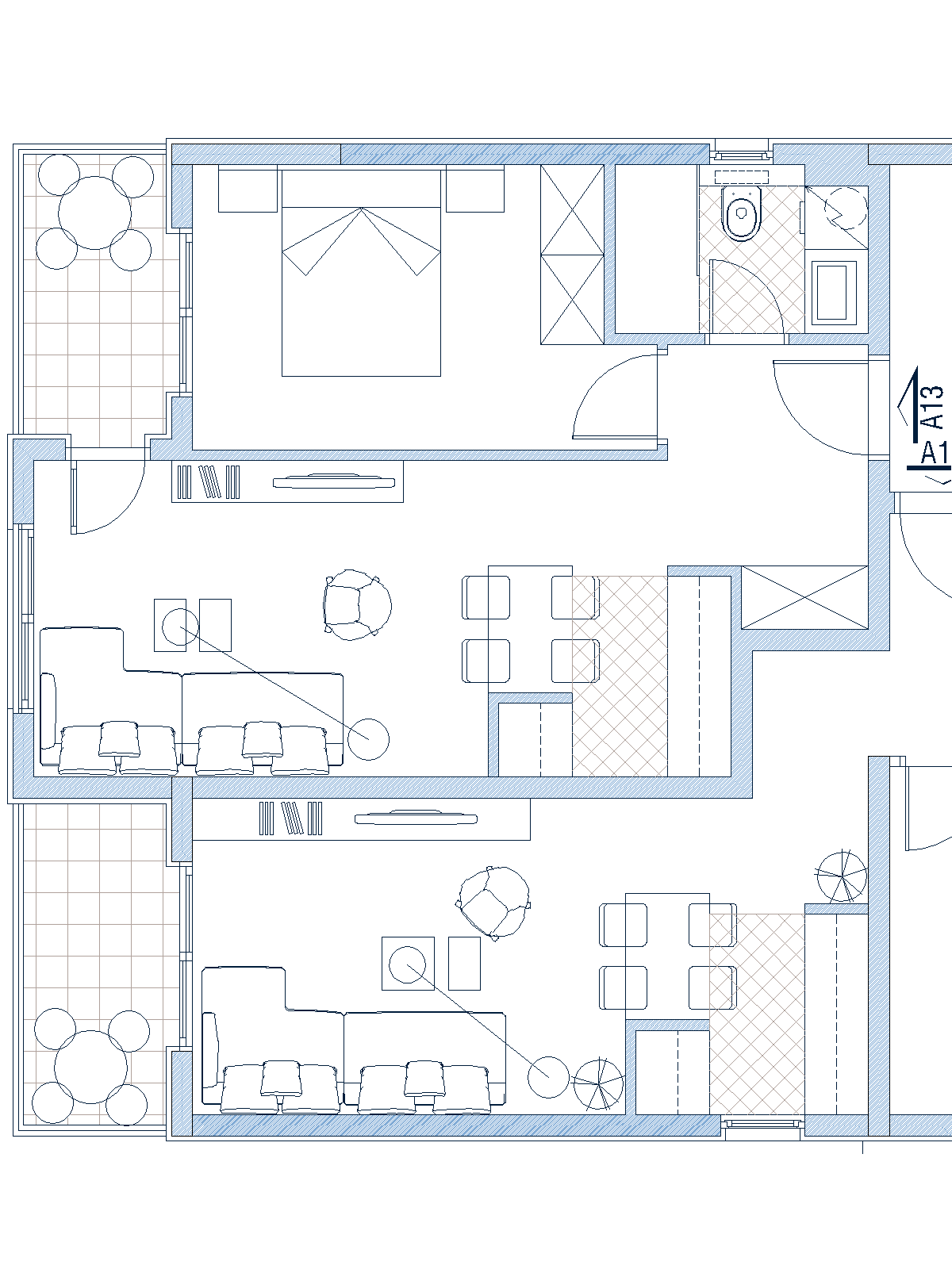 Apartment layout in Budva, Montenegro: living room with seating area, dining table, bedroom, and a furnished terrace.