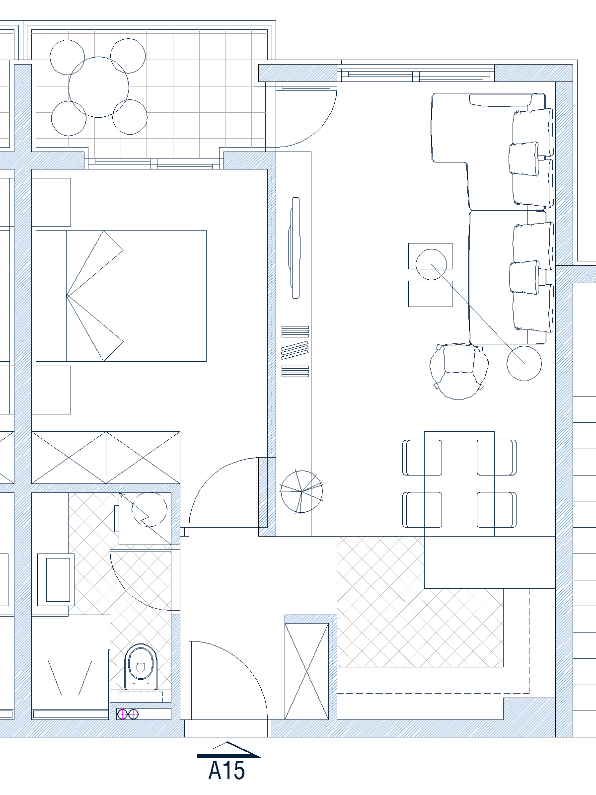 Apartment layout in Budva, Montenegro: living room with kitchen, bedroom, bathroom, and a terrace with a dining area.