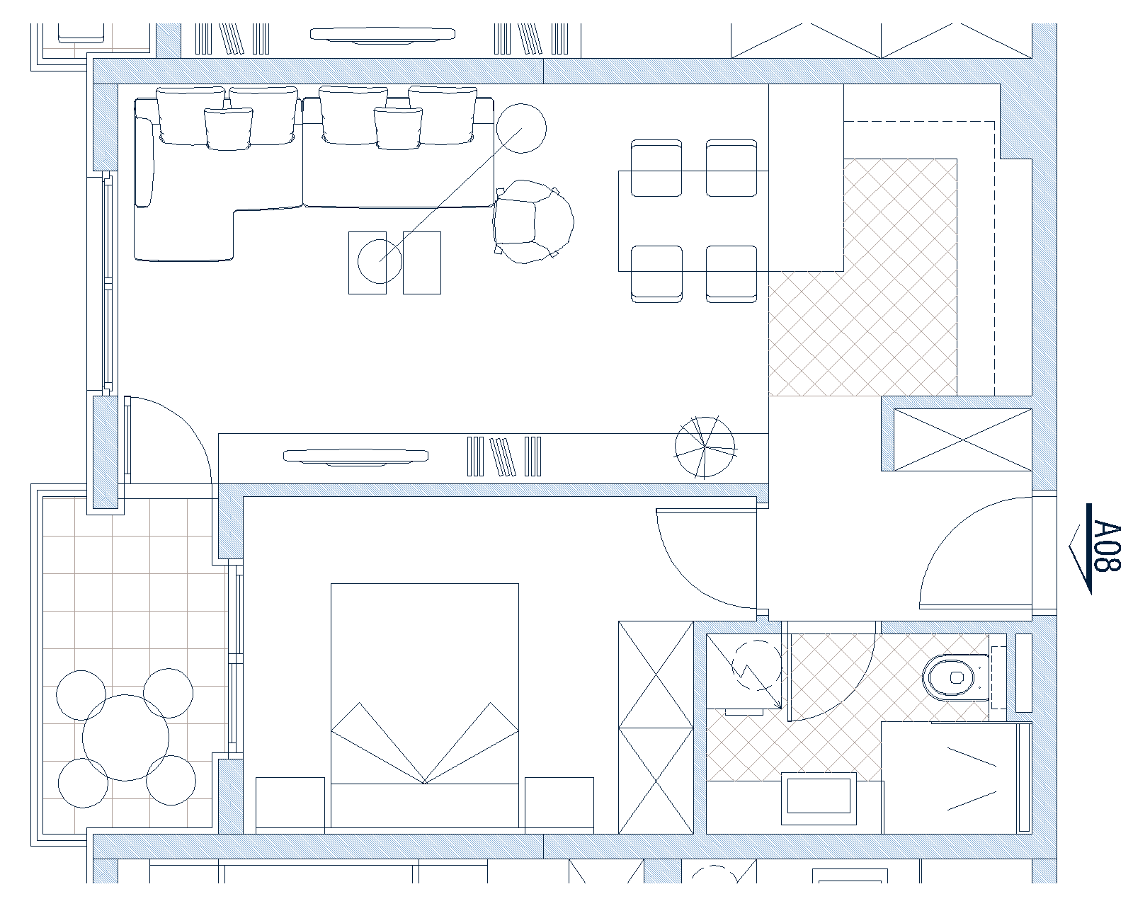 Apartment layout in Budva, Montenegro: living room with kitchen, bedroom, bathroom, and a furnished terrace.
