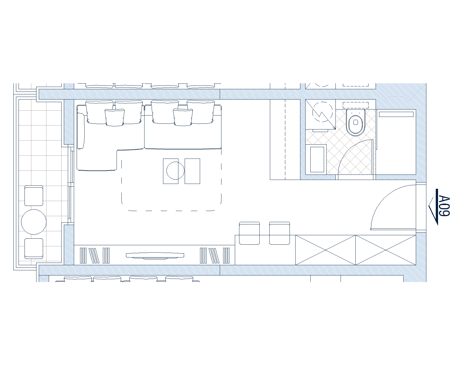 Living room layout with terrace in an apartment in Budva, Montenegro: furniture and bathroom layout plan.