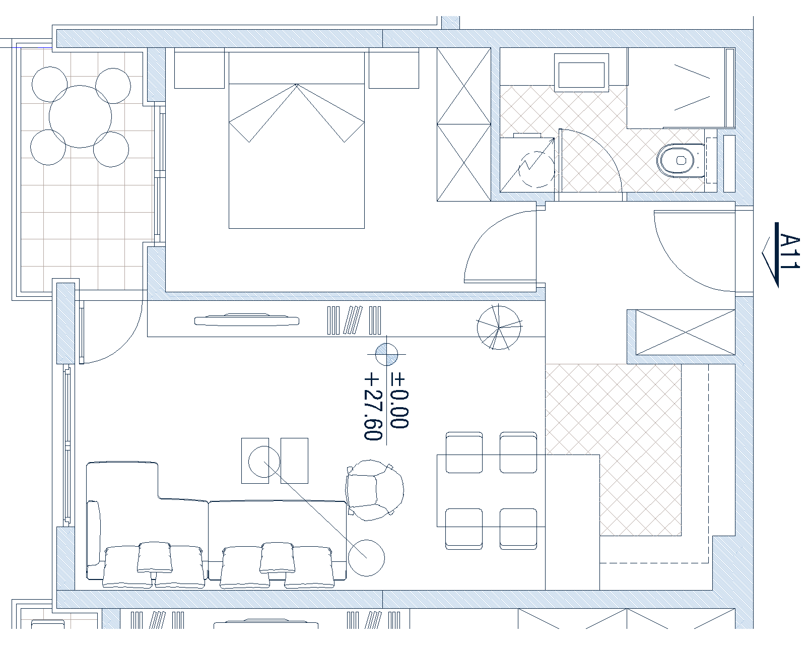 Apartment layout in Budva, Montenegro: living room with kitchen, bedroom, bathroom, and a furnished terrace.
