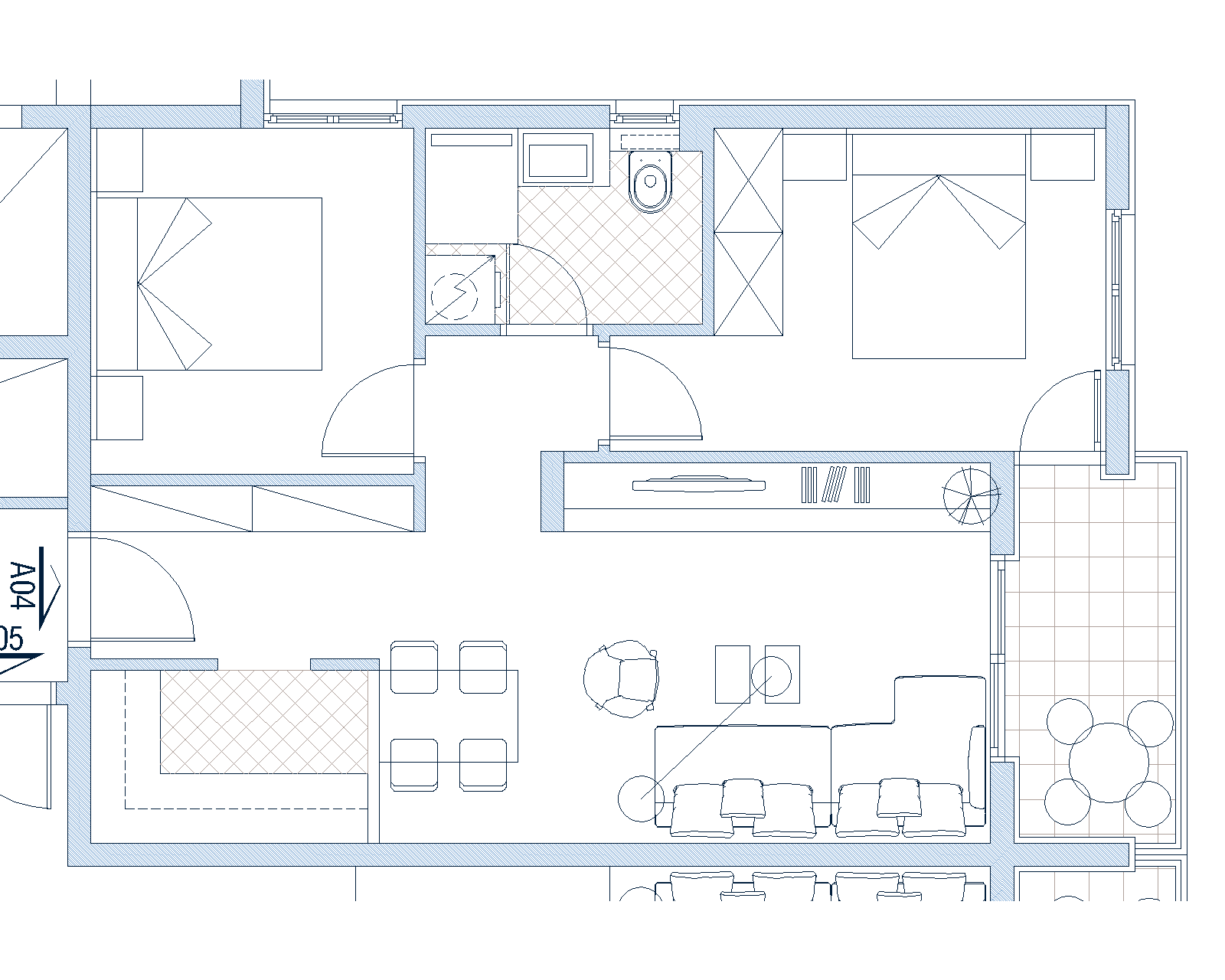 Apartment layout with two bedrooms, a living room, and a terrace in Budva, Montenegro: furniture and room layout plan.