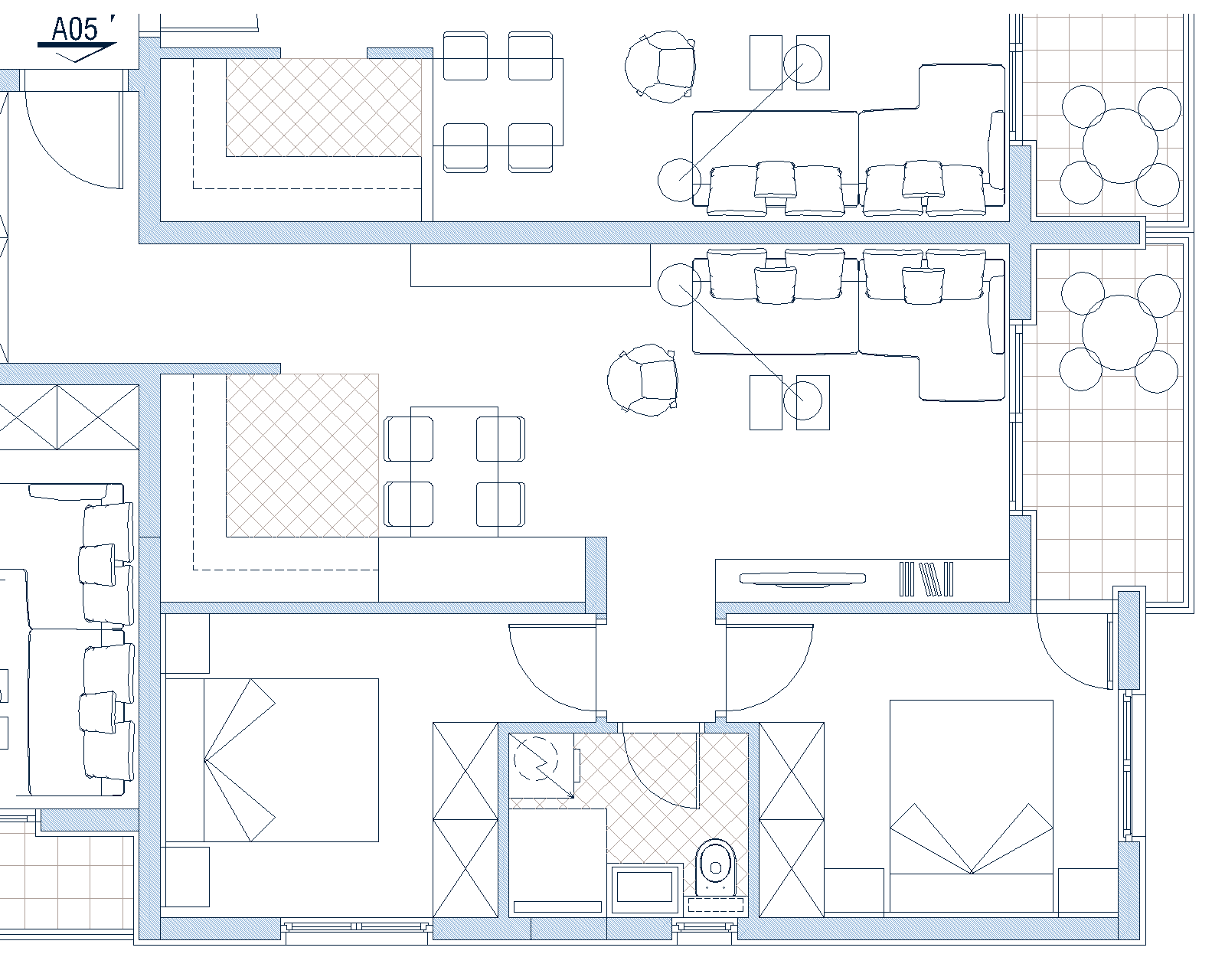 Apartment layout in Budva, Montenegro: living room with dining area, bedrooms, bathroom, and furnished terraces.