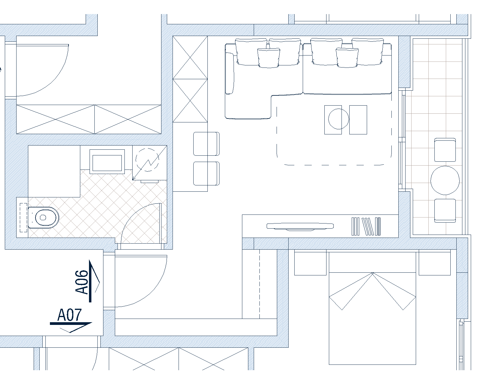 Apartment layout in Budva, Montenegro: living room with sofa, bedroom, bathroom, and balcony with dining area.
