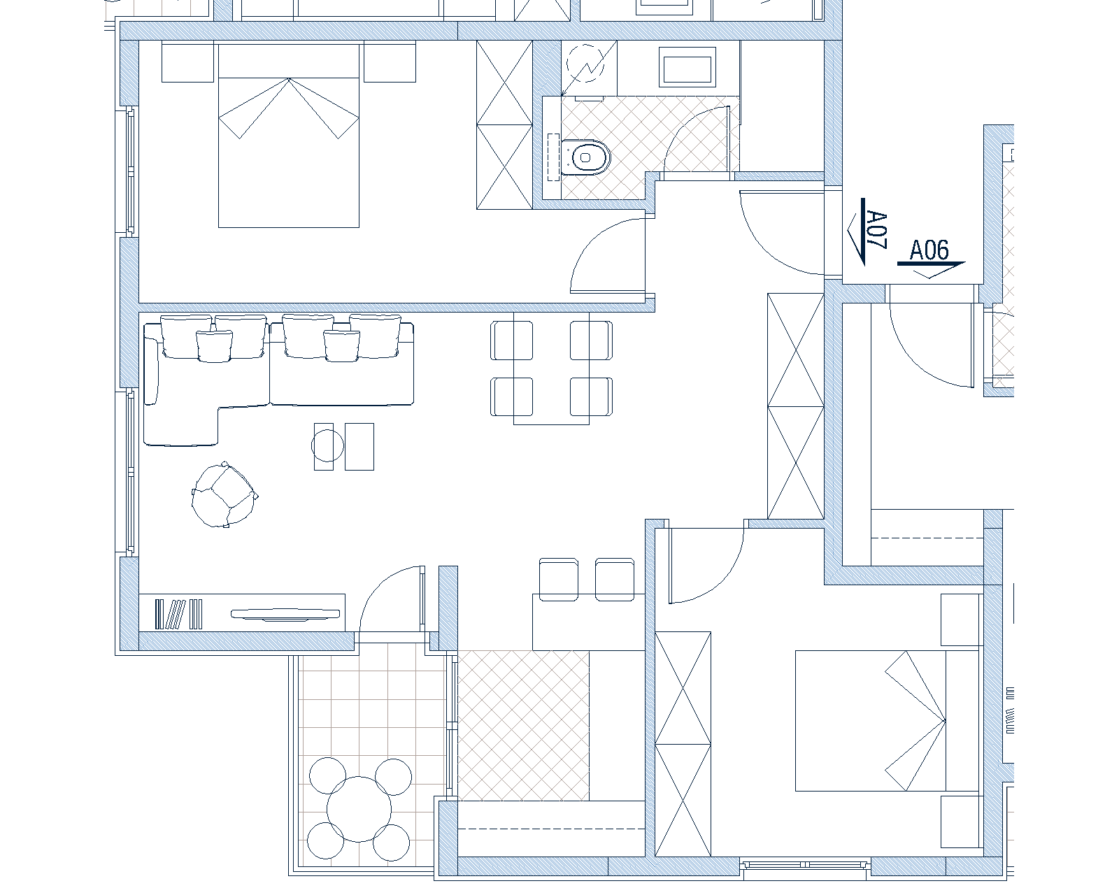 Layout of a two-bedroom apartment in Budva, Montenegro: living room with kitchen, two bedrooms, and a furnished terrace.