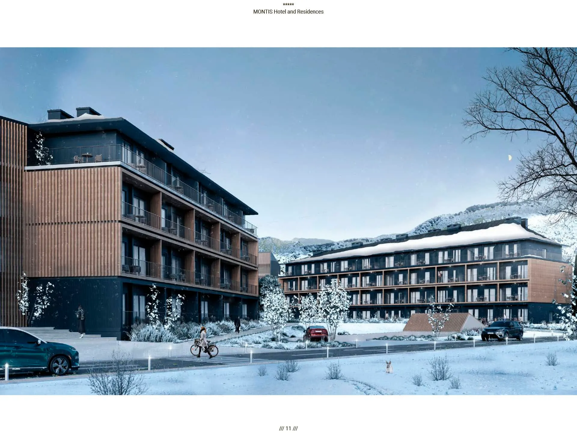 Современный отель Montis Hotel and Residences в заснеженном Колашине, Черногория: вид на фасады зданий зимой.
