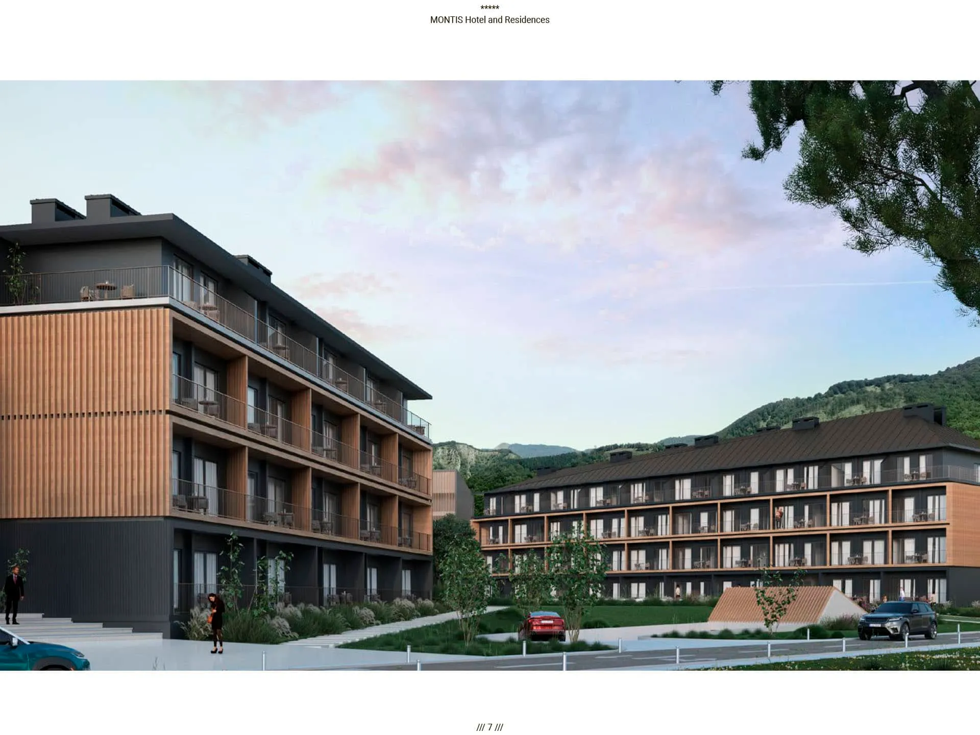 Современный комплекс Montis Hotel and Residences в Колашине, Черногория: вид на фасады отеля с балконами и горы.