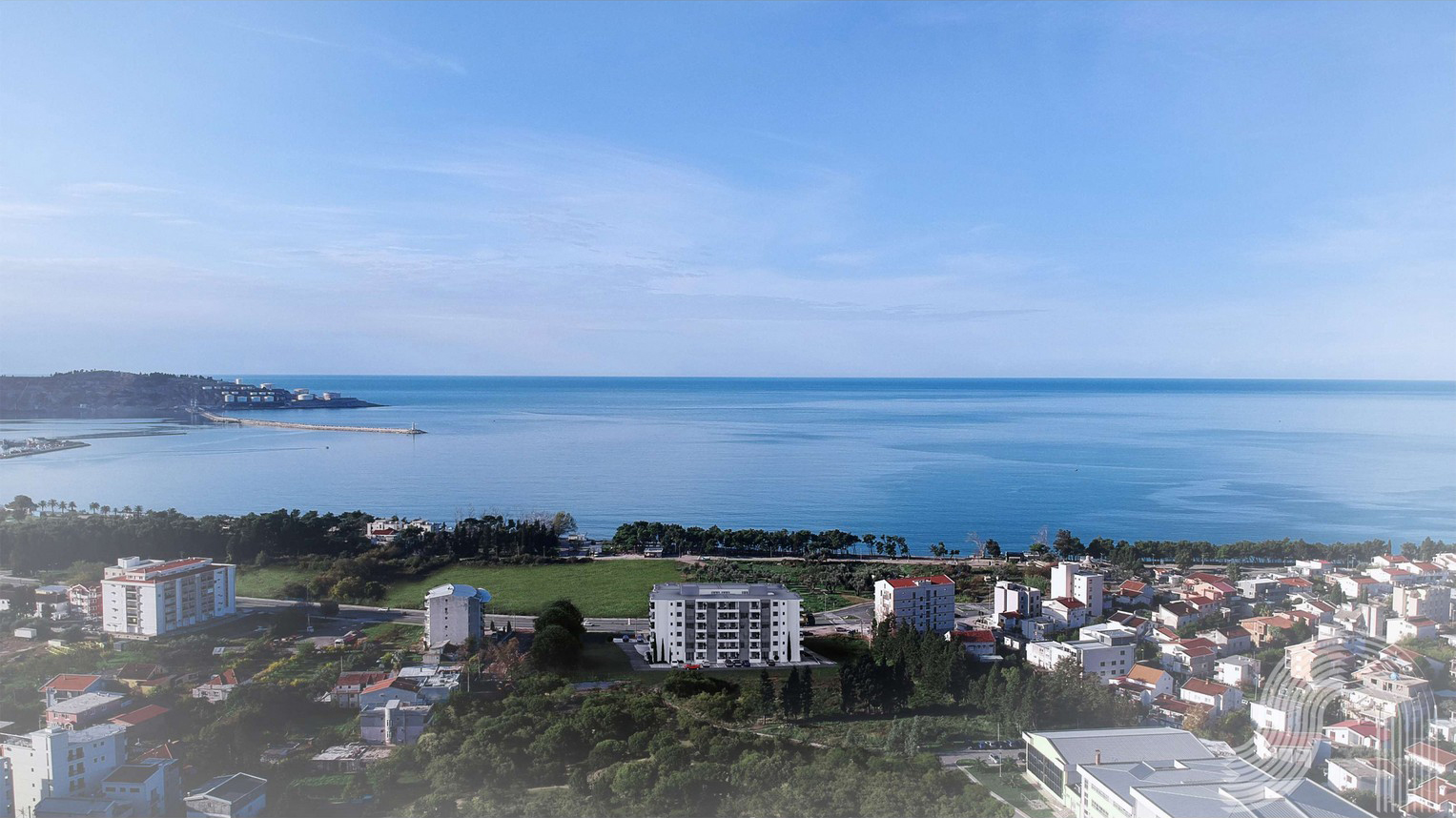 Panoramic view of a residential complex in Bar, Montenegro, close to the Adriatic Sea and the beach.