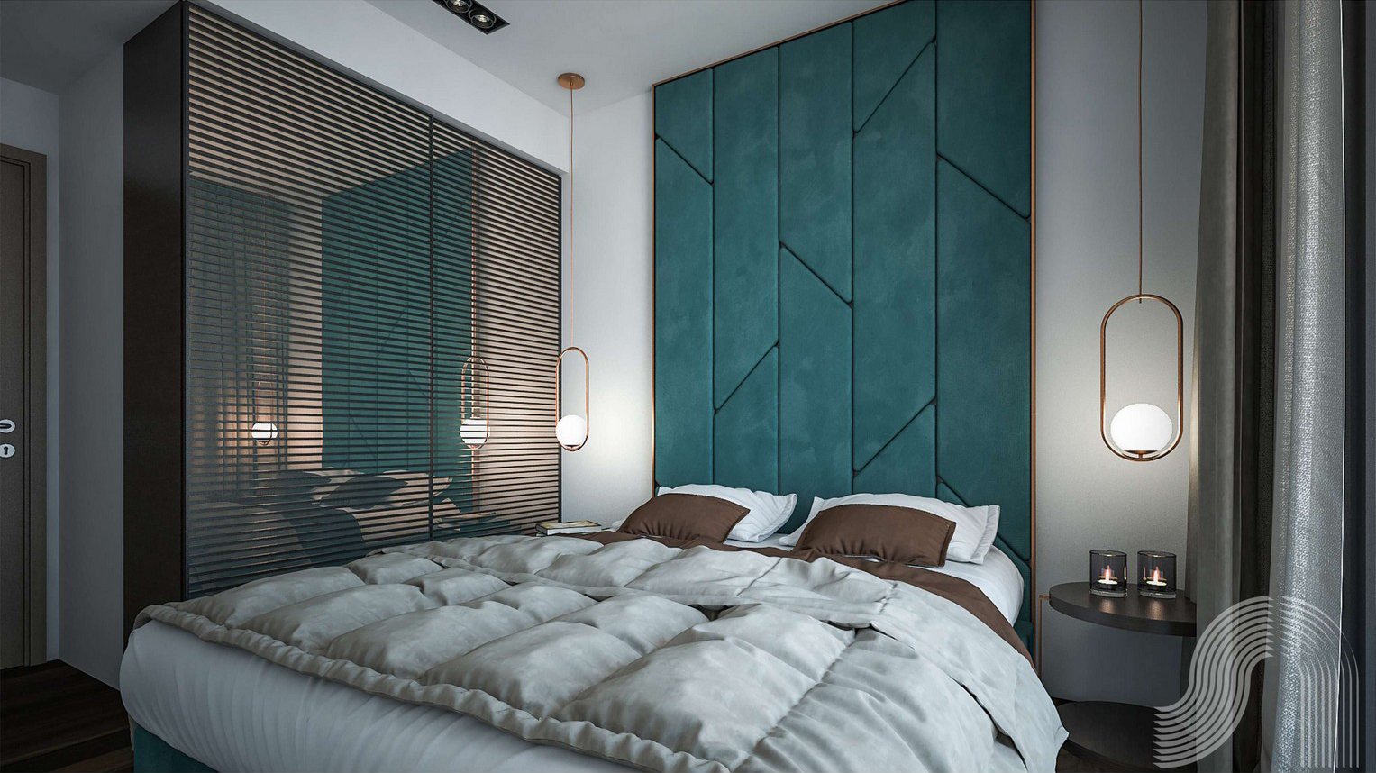 Modern bedroom with an emerald upholstered headboard in a residential complex in Bar, Montenegro: a stylish interior with lighting.