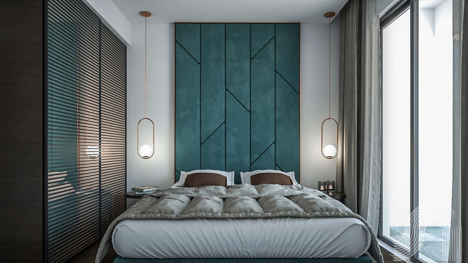 Modern bedroom with an emerald upholstered headboard in a residential complex in Bar, Montenegro.
