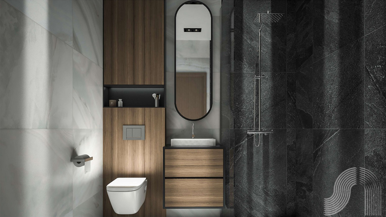 Modern bathroom in ЖК Бар, Montenegro: dark stone finish, wooden furniture, and stylish fixtures.