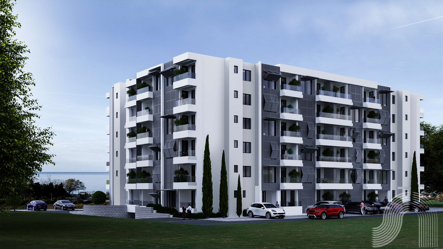 Modern residential complex with balconies and sea view in Bar, Montenegro: exterior of a new building.