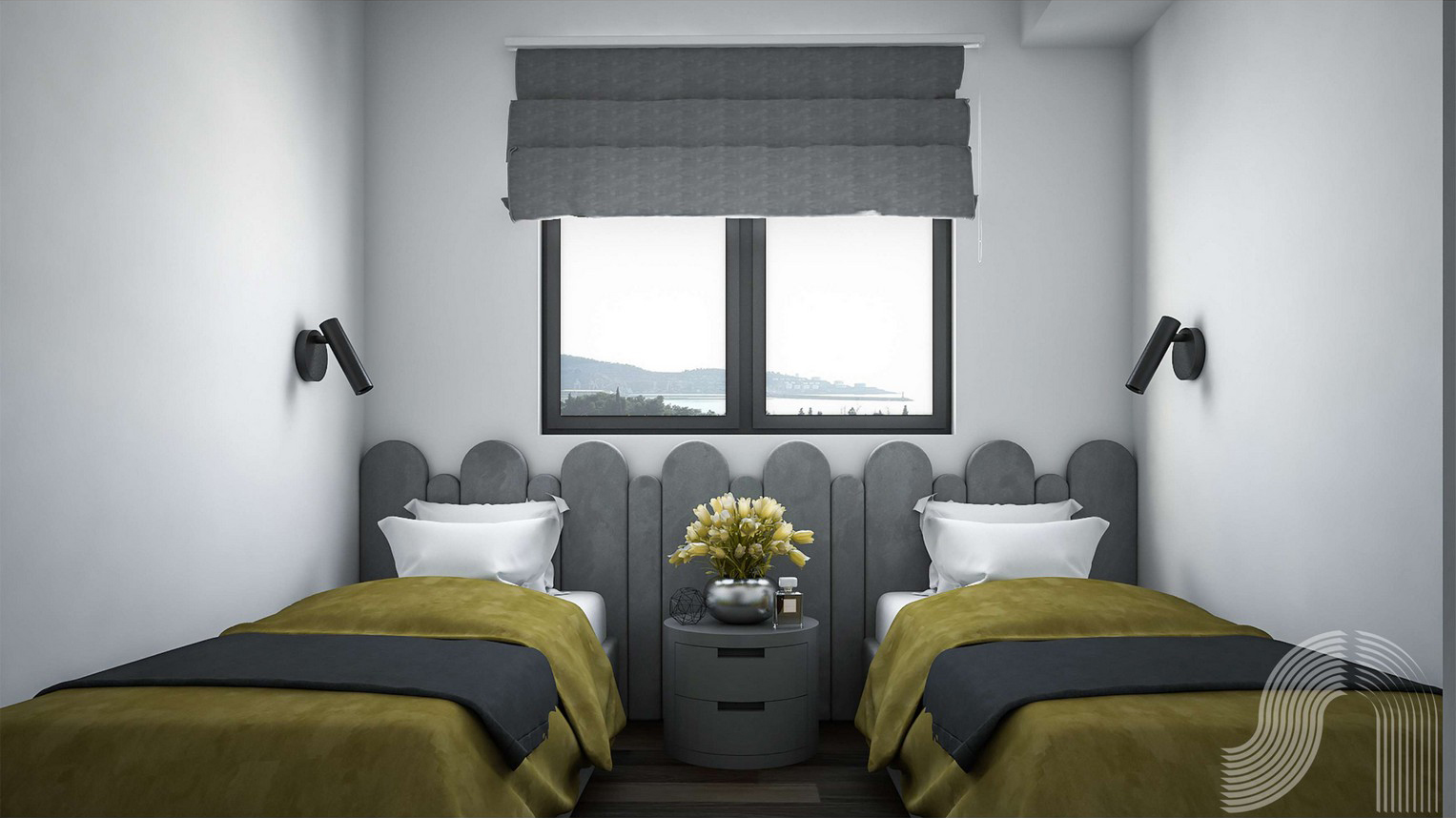 Modern bedroom with two beds and sea view in a residential complex in Bar, Montenegro.