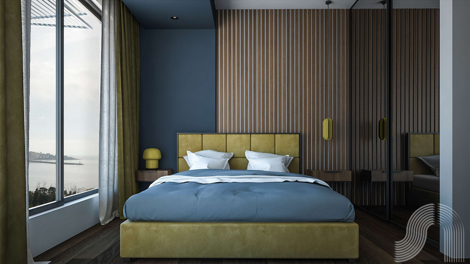 Modern bedroom with sea view in a residential complex in Bar, Montenegro: double bed, slatted wall finish, panoramic windows.