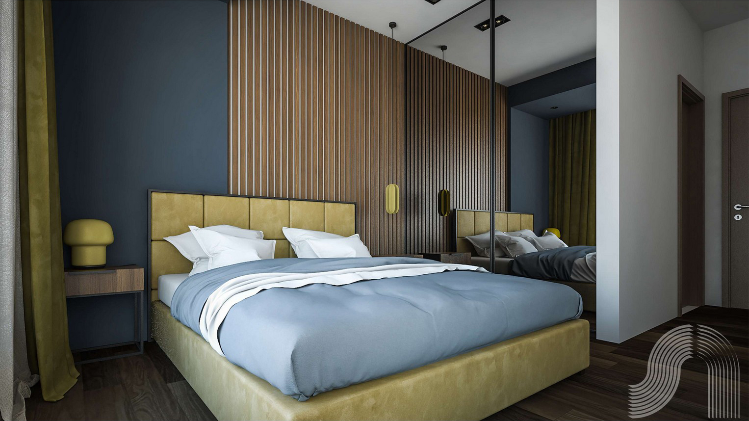 Modern bedroom with a mustard-colored bed and slatted wall paneling in a residential complex in Bar, Montenegro.
