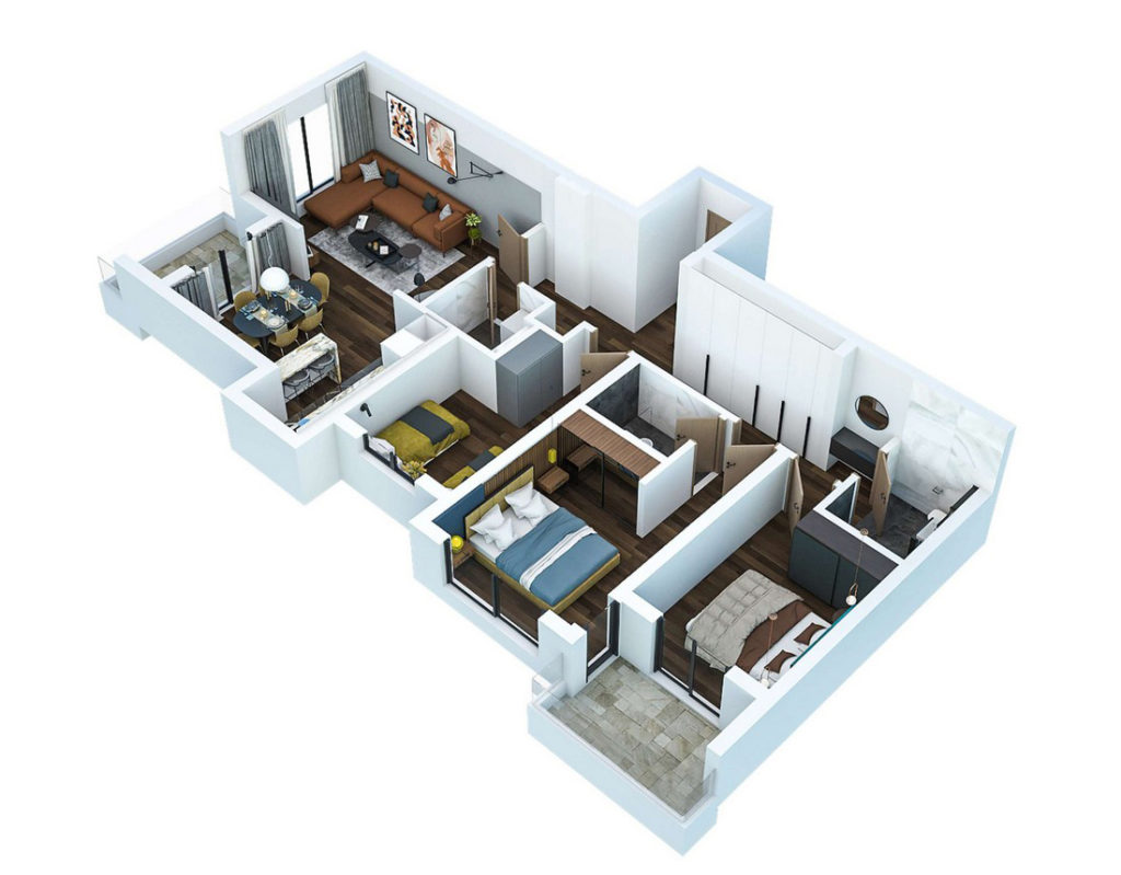 3D floor plan of an apartment in Bar, Montenegro: three bedrooms, a living room with kitchen, a terrace, and modern interior finishes.