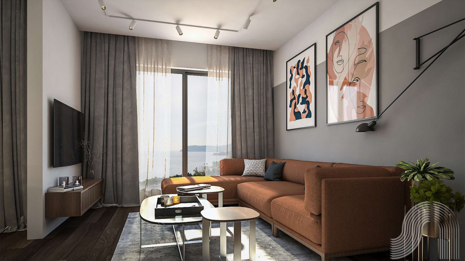 Modern living room with a terracotta sofa and sea view in a residential complex in Bar, Montenegro.