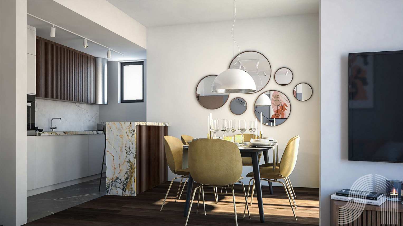 Modern kitchen-living room with a marble bar counter and dining area in a residential complex in Bar, Montenegro.