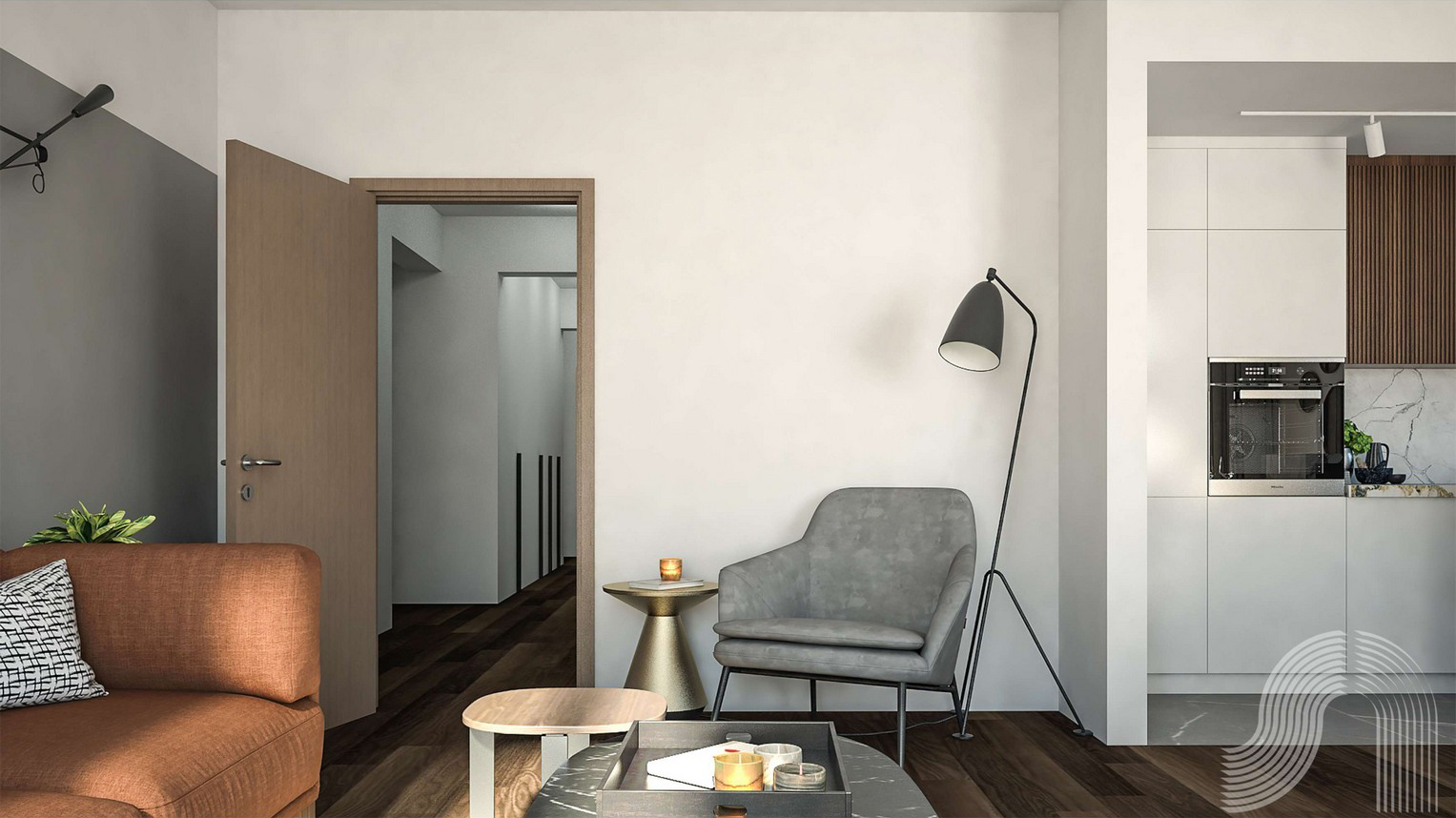 Modern living room with an armchair and kitchen in a residential complex in Bar, Montenegro: stylish interior with wooden flooring.