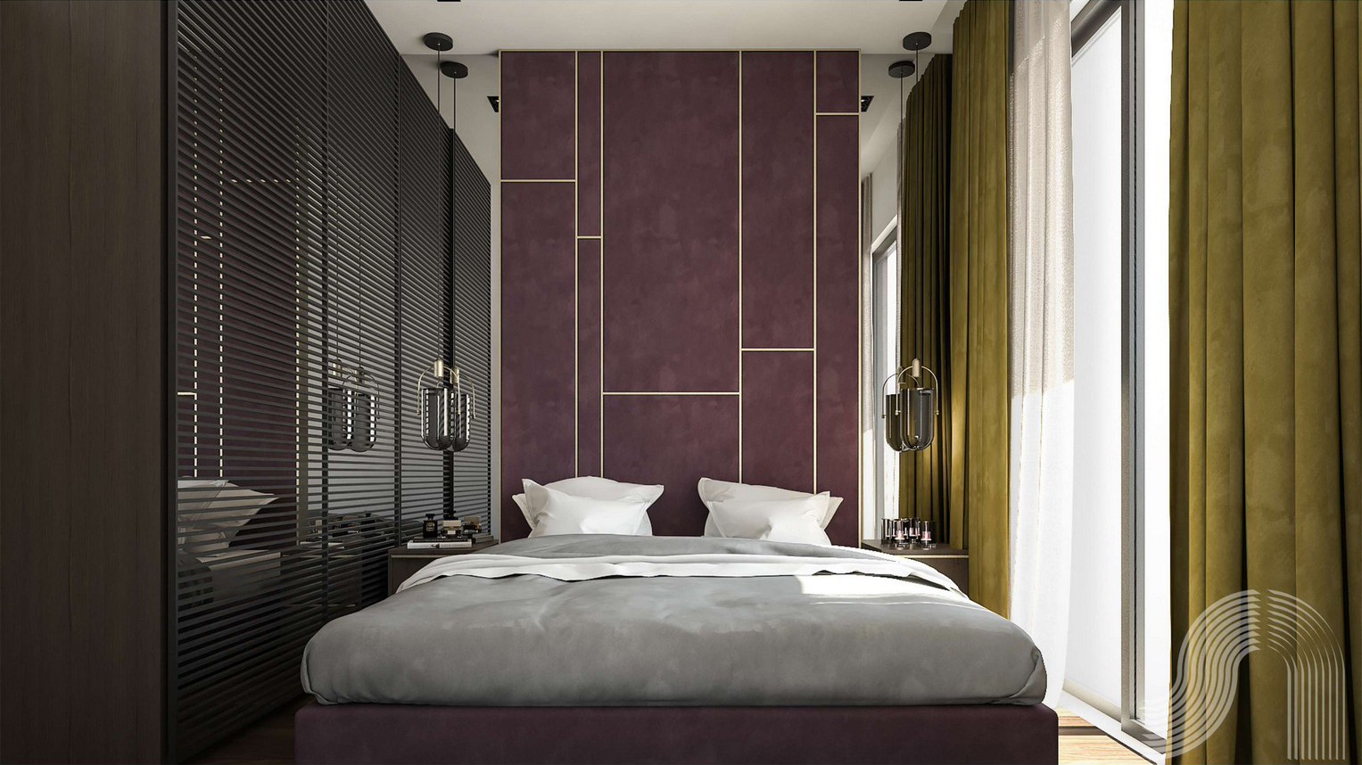 Modern bedroom with a burgundy accent wall and panoramic windows in a residential complex, Bar, Montenegro.