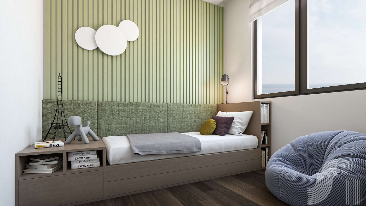 Modern bedroom in a residential complex in Bar, Montenegro: bed with upholstered headboard, slatted wall, and sea view from the window.