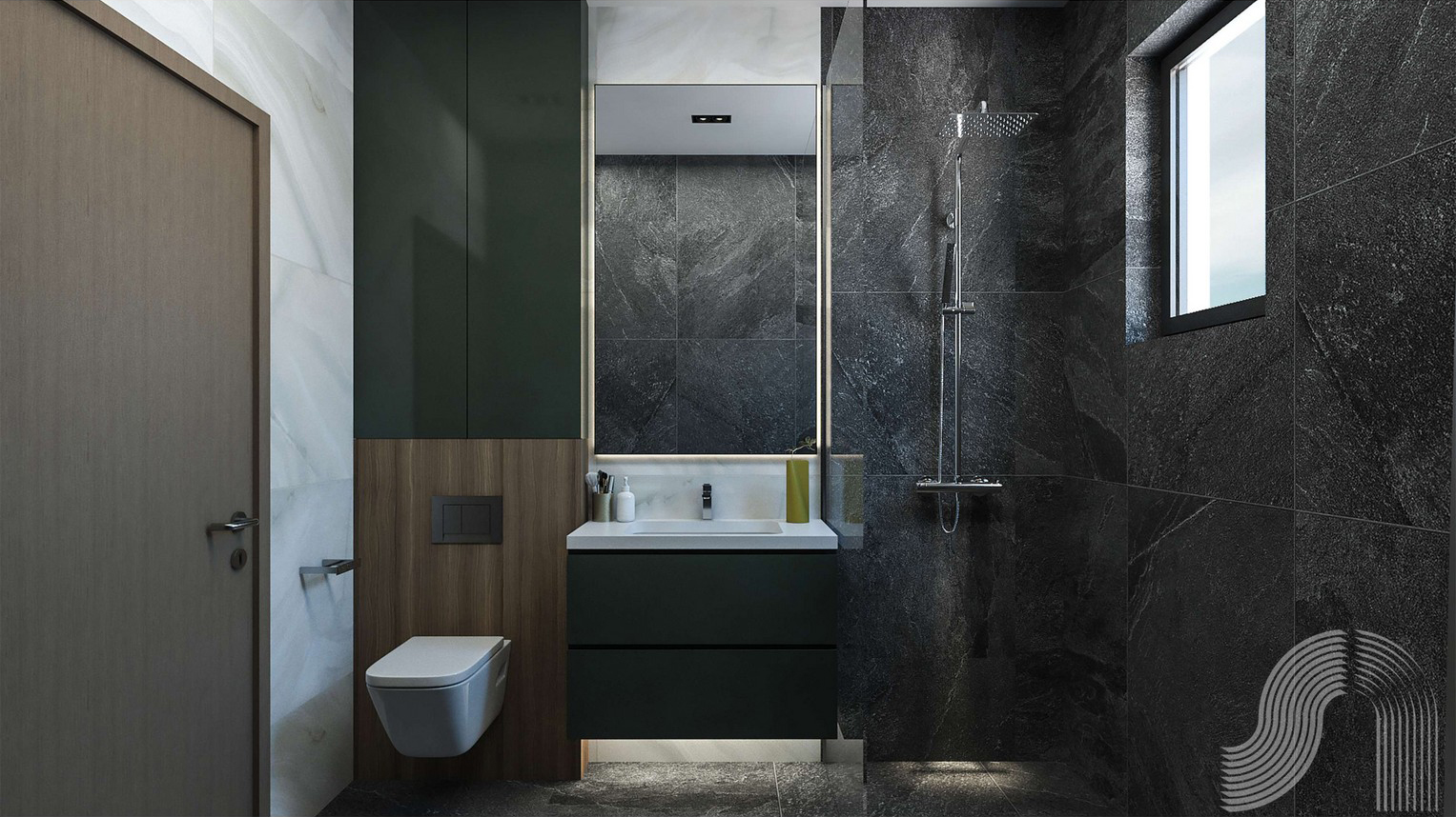 Modern bathroom with dark finishes and a shower in a residential complex, Bar, Montenegro.