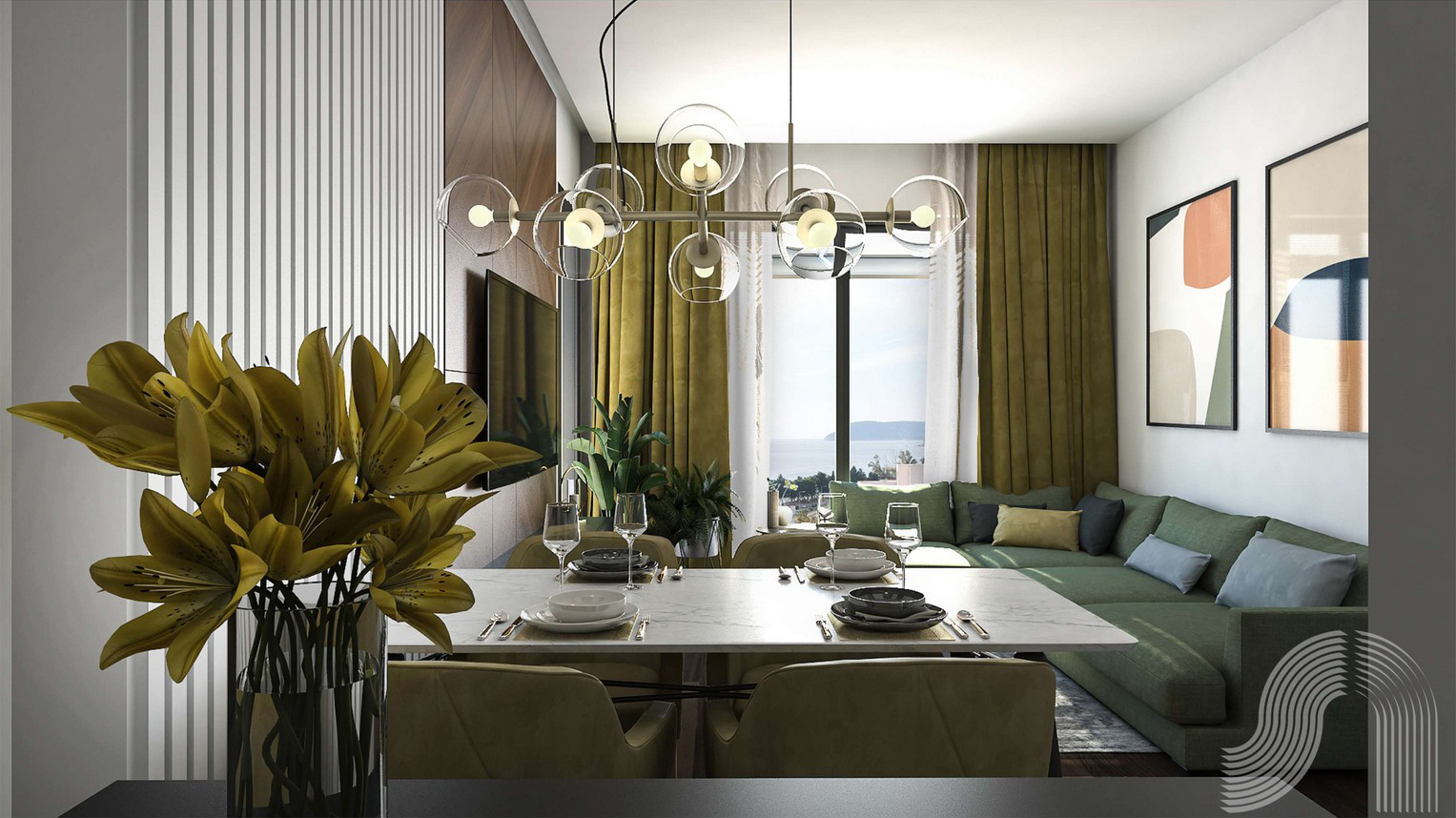 Modern living room with dining area in a residential complex in Bar, Montenegro: panoramic sea view, designer furniture, and decor.