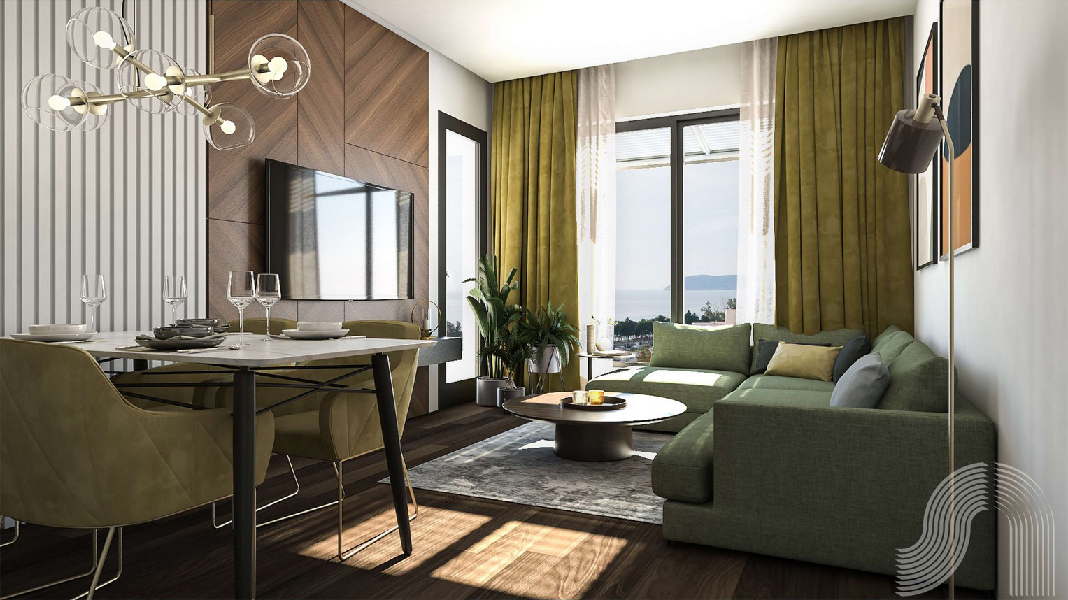 Modern living room with sea view in a residential complex in Bar, Montenegro: green sofa, dining area, and designer finishes.