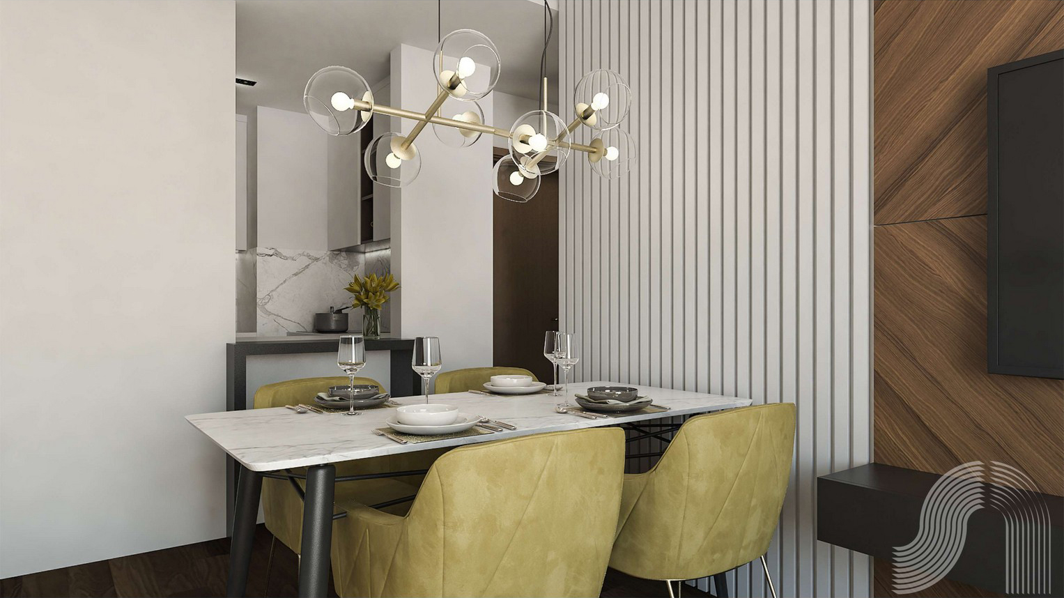 Modern dining area with a marble table and yellow chairs in a residential complex in Bar, Montenegro. Designer interior.