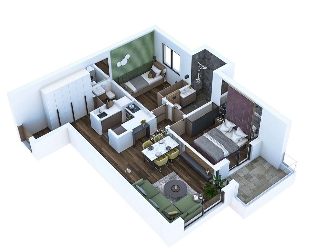 3D floor plan of an apartment in the Bar residential complex, Montenegro: living room, two bedrooms, kitchen, bathroom, and a terrace with modern finishes.