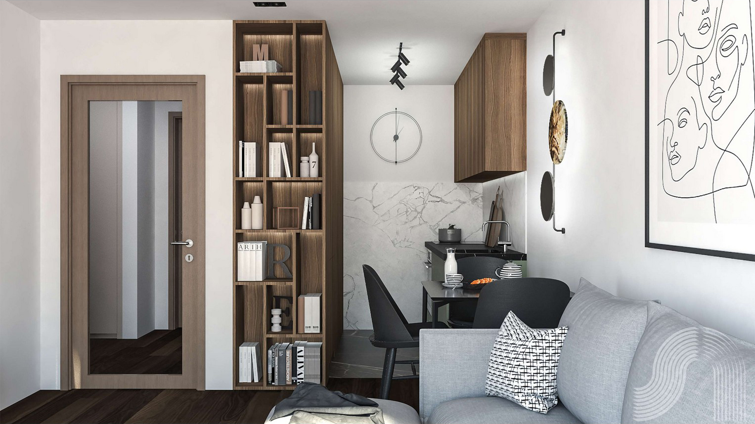 Modern living room with kitchen in a residential complex in Bar, Montenegro: designer shelving, marble backsplash, and stylish furniture.