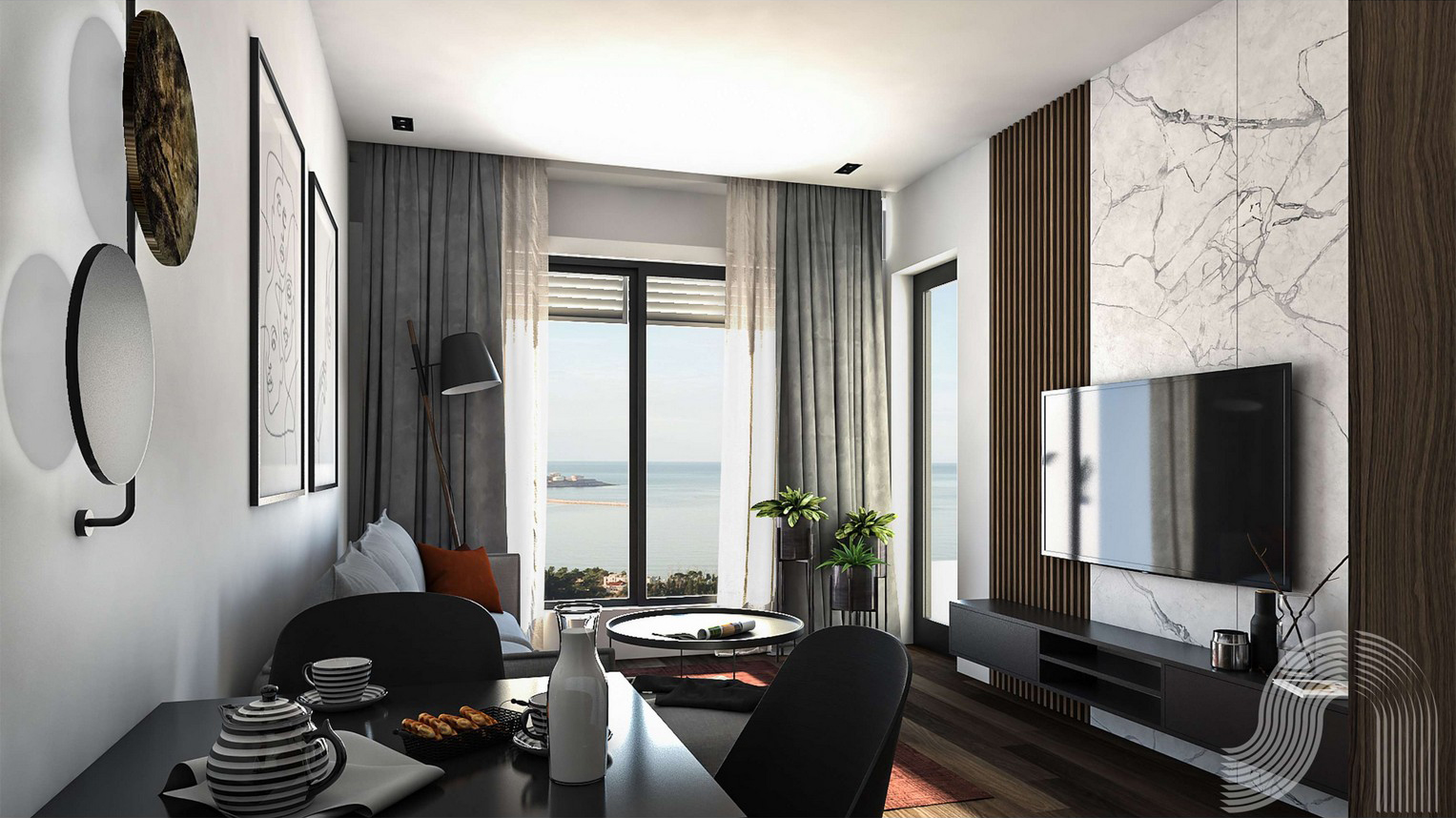Modern living room with sea view in a residential complex in Bar, Montenegro: marble finishes, stylish furniture, and panoramic windows.