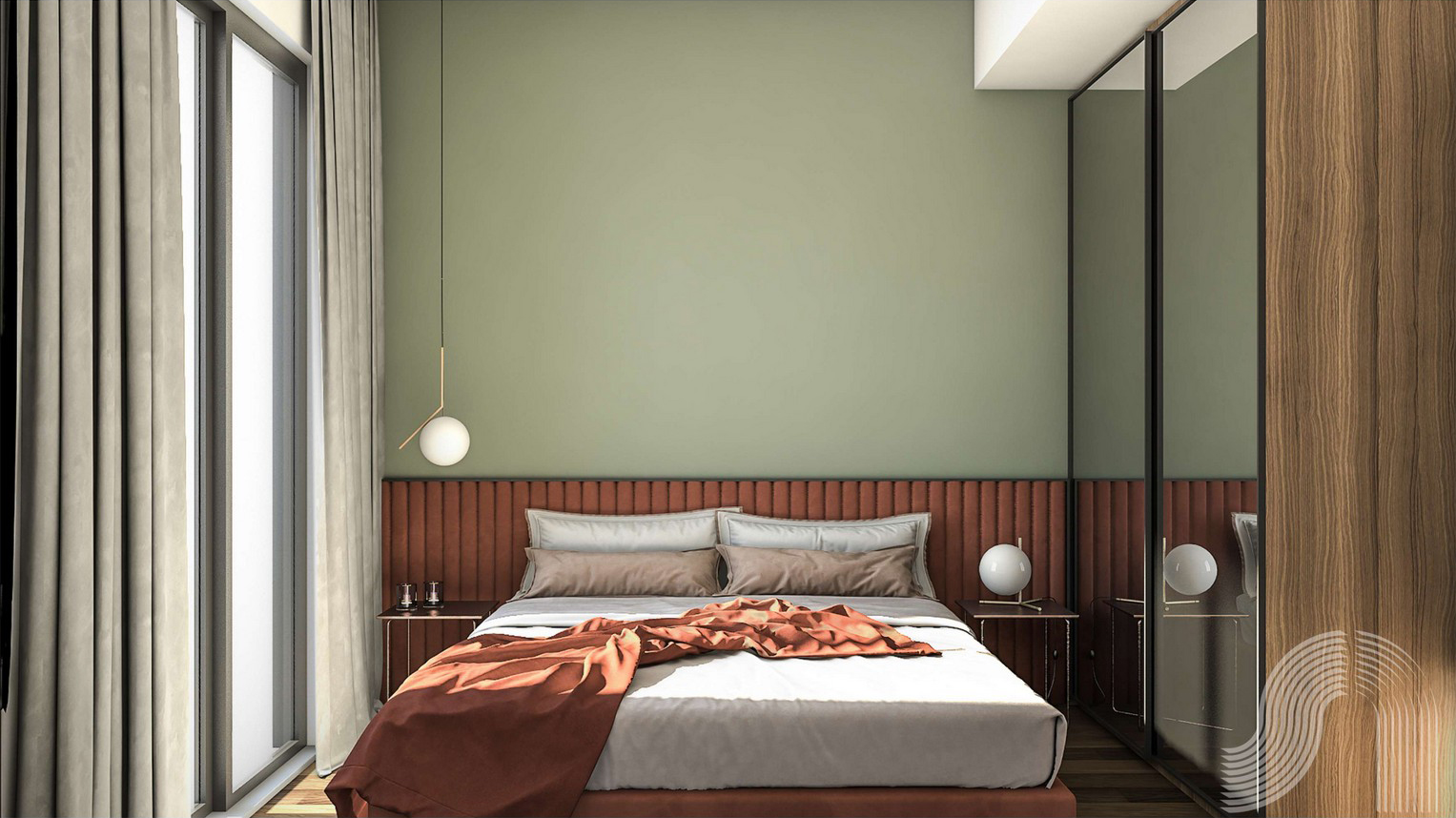 Modern bedroom in a residential complex in Bar, Montenegro: olive walls, upholstered headboard, panoramic window, and mirrored wardrobe.
