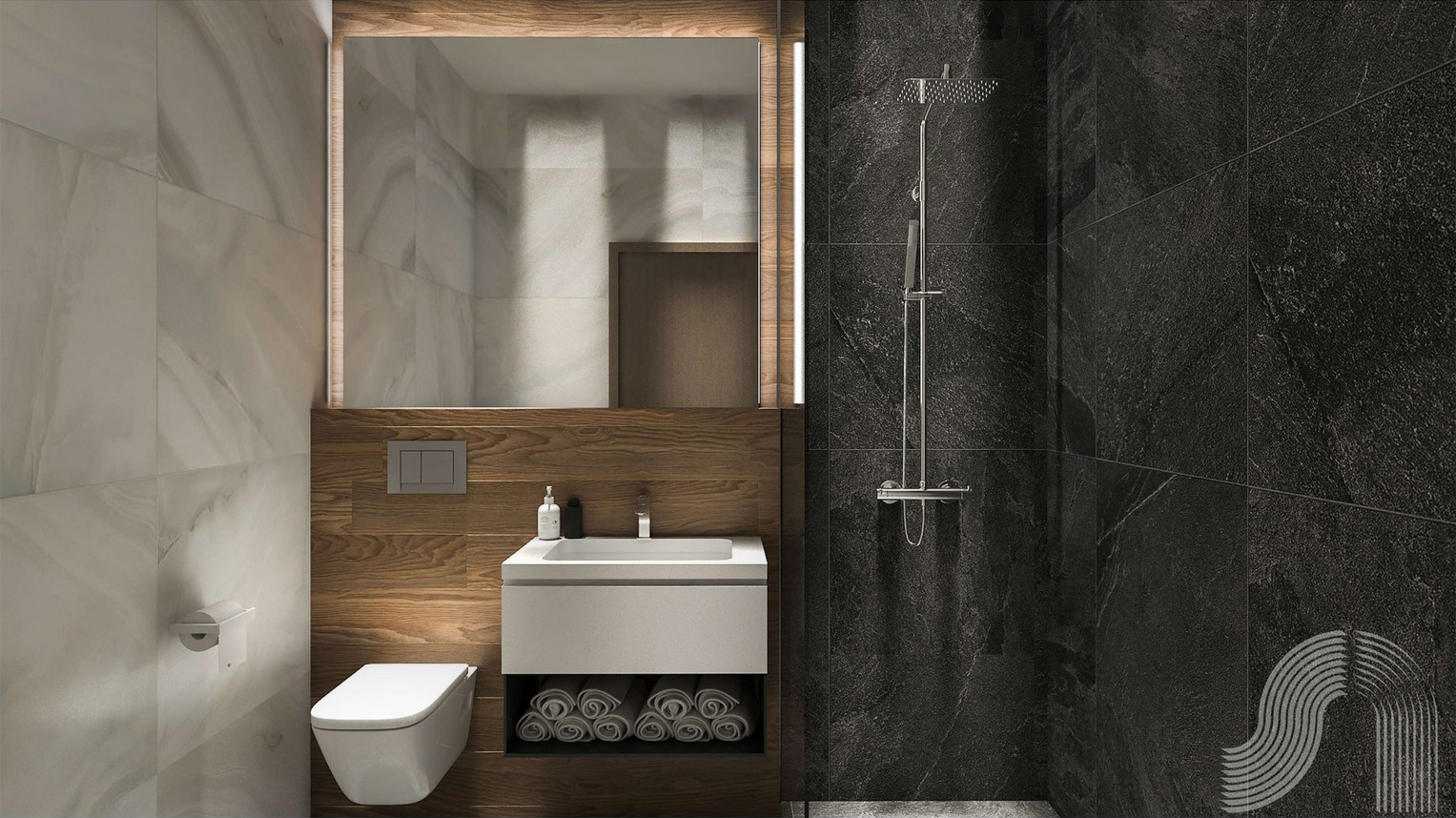 Modern bathroom with wood and stone finishes in a residential complex, Bar, Montenegro. Shower, wall-mounted fixtures.