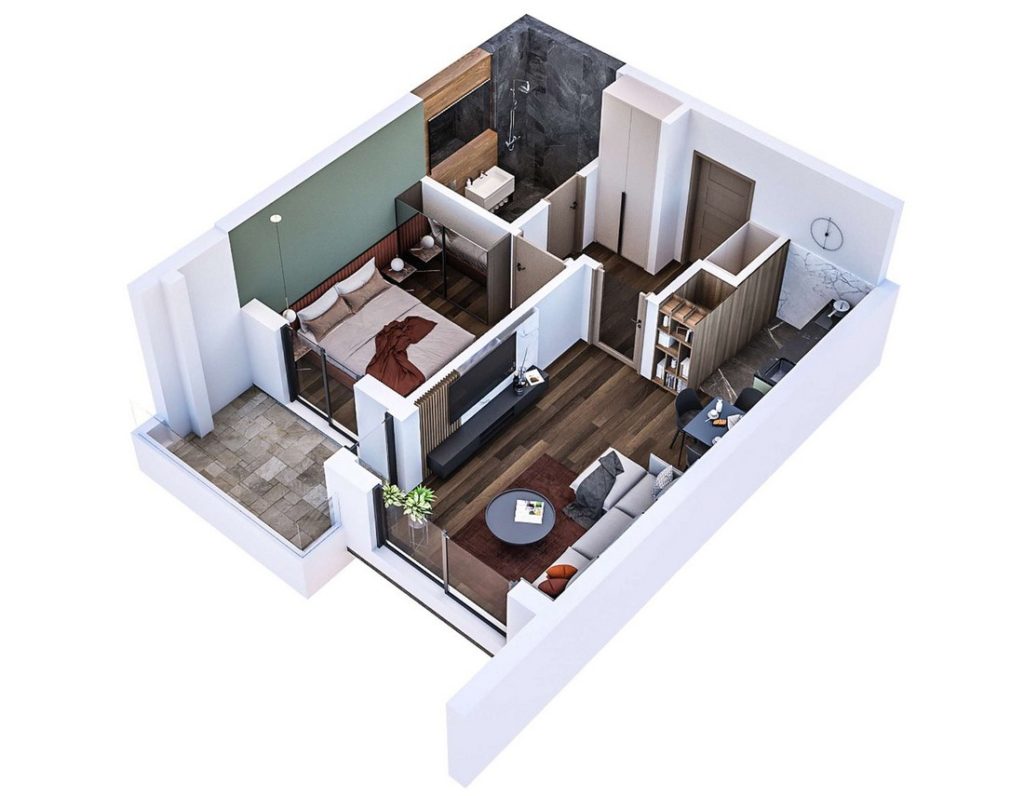 3D floor plan of an apartment in Bar, Montenegro: bedroom, living room with kitchen, terrace, and modern interior finishes.