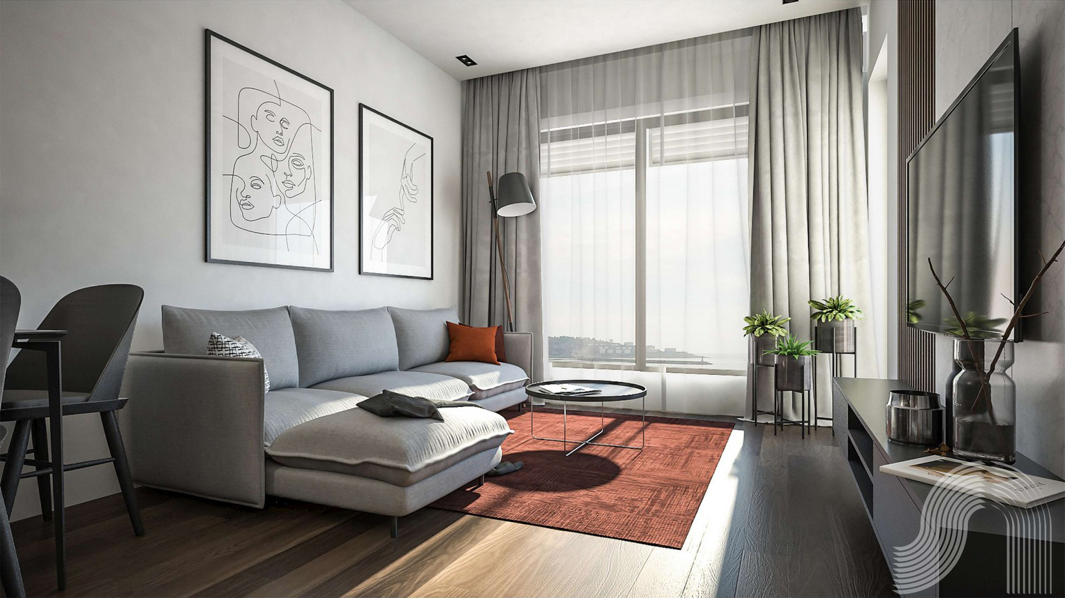 Modern living room in a residential complex in Bar, Montenegro: gray sofa, panoramic window with sea view, stylish interior.