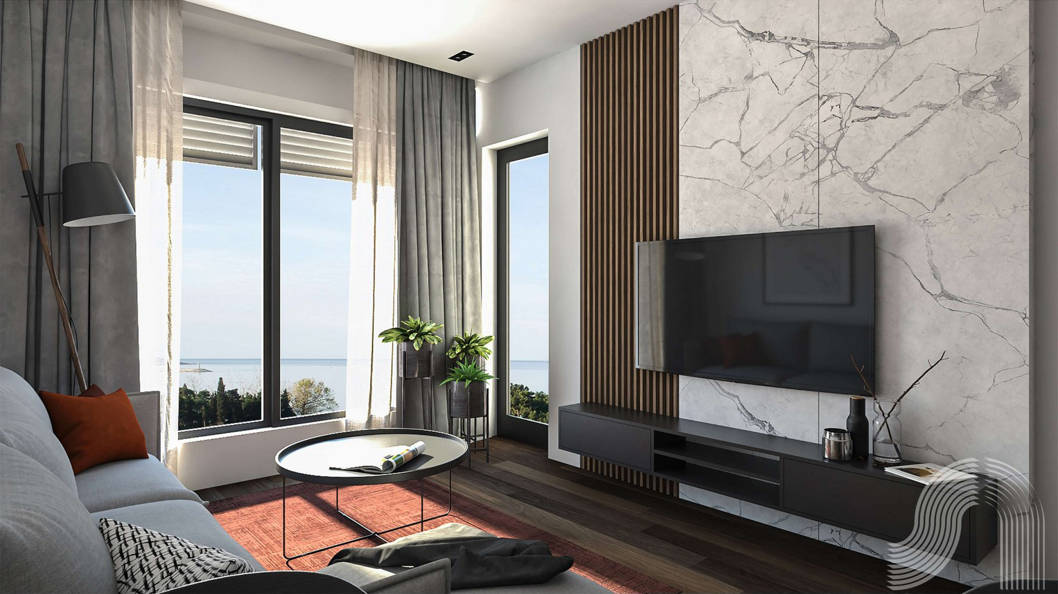 Modern living room with sea view in a residential complex in Bar, Montenegro: marble finishes, wooden slats, and stylish furniture.