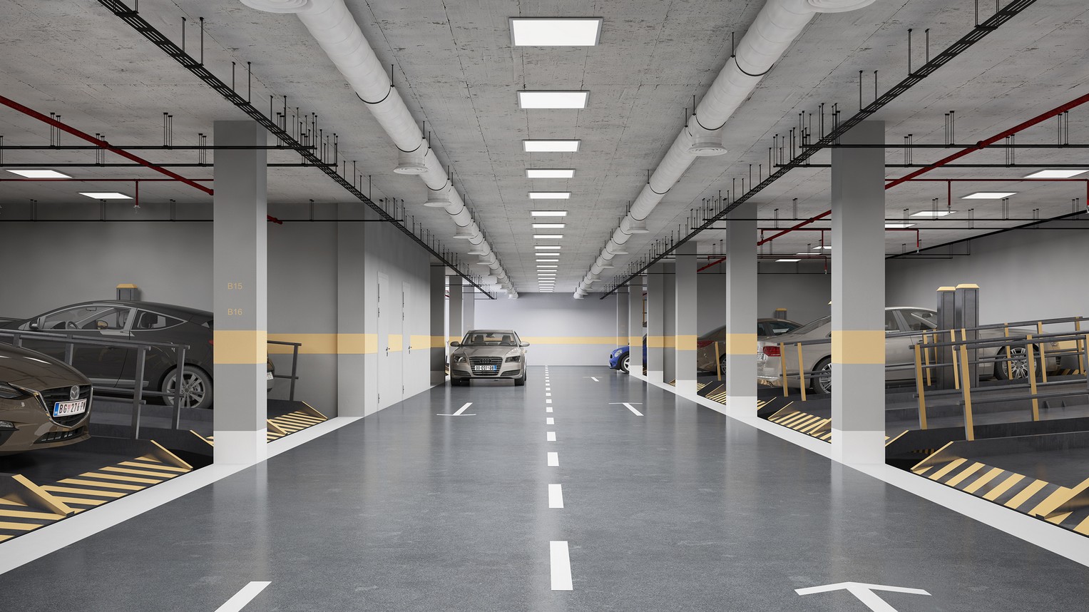 Modern underground parking with two-level car storage systems in a residential complex, Bar, Montenegro.