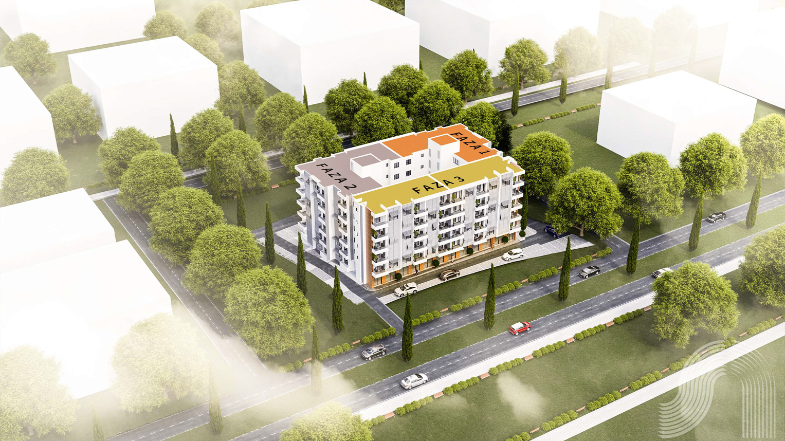 3D visualization of a residential complex in Bar, Montenegro: a multi-apartment building project with landscaped grounds.