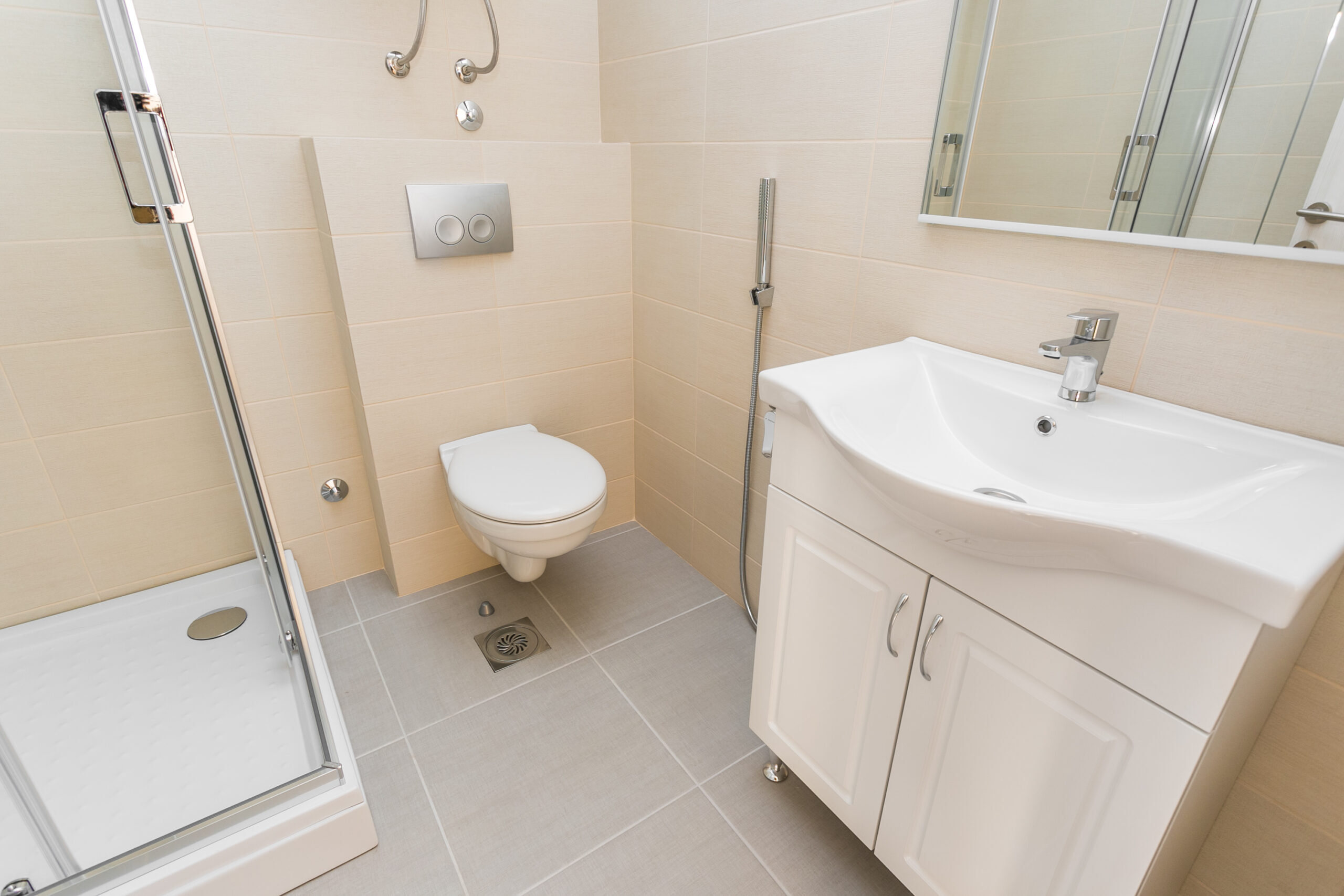 Modern bathroom with a shower cabin in a penthouse, Rafailovići, Budva Riviera, Montenegro.
