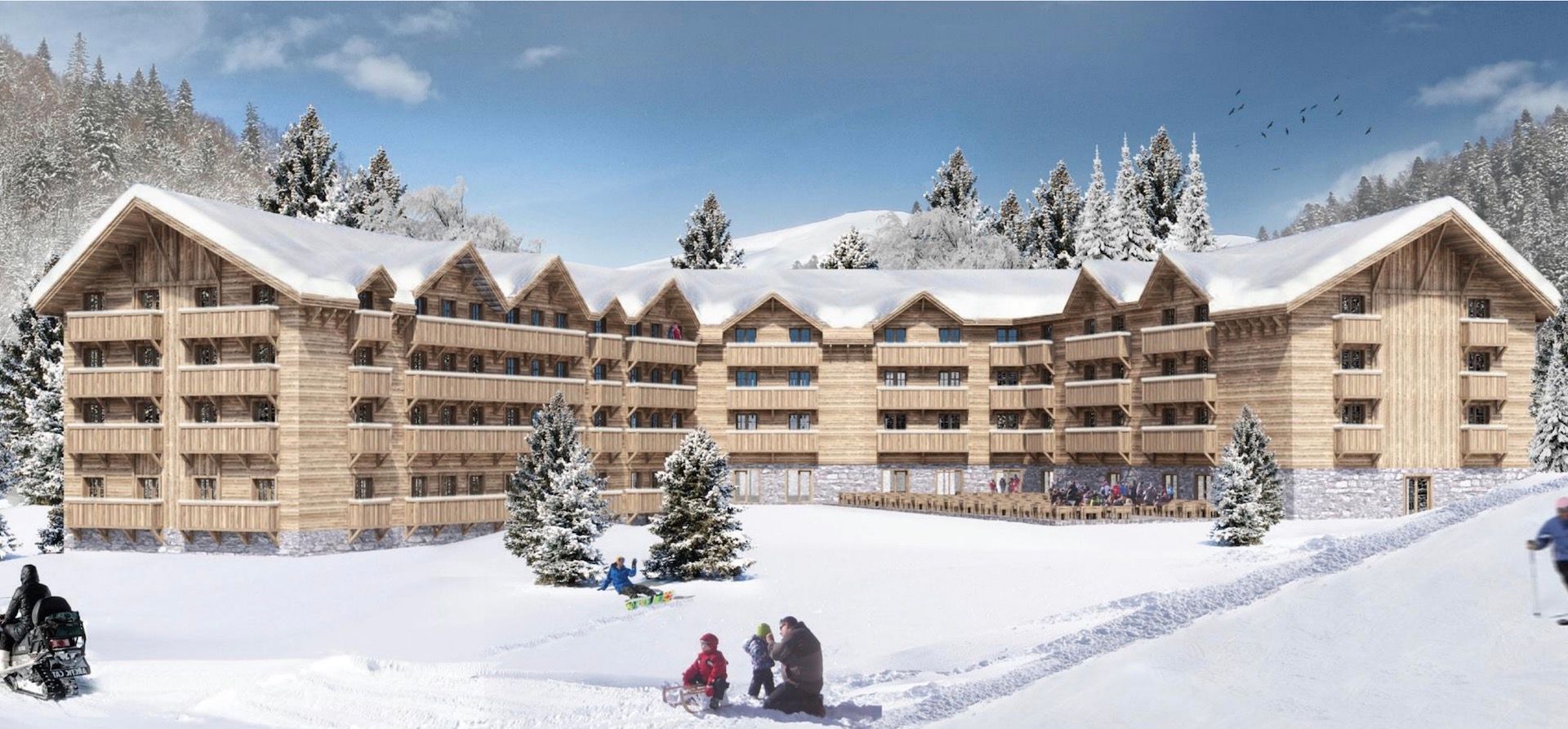 Facade of Hotel K1600 in Kolašin, Montenegro: a wooden mountain resort with balconies against a backdrop of snowy slopes and fir trees.