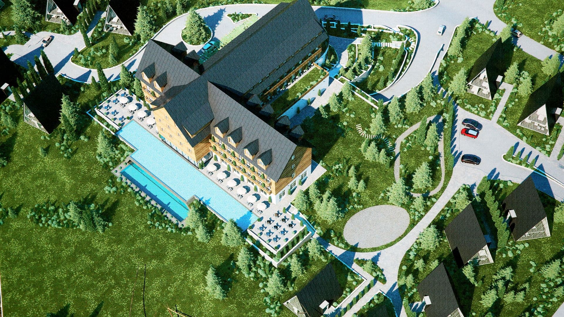 Aerial view of the Durmitor H&V hotel in Žabljak, Montenegro: a modern complex with an outdoor pool and chalets.