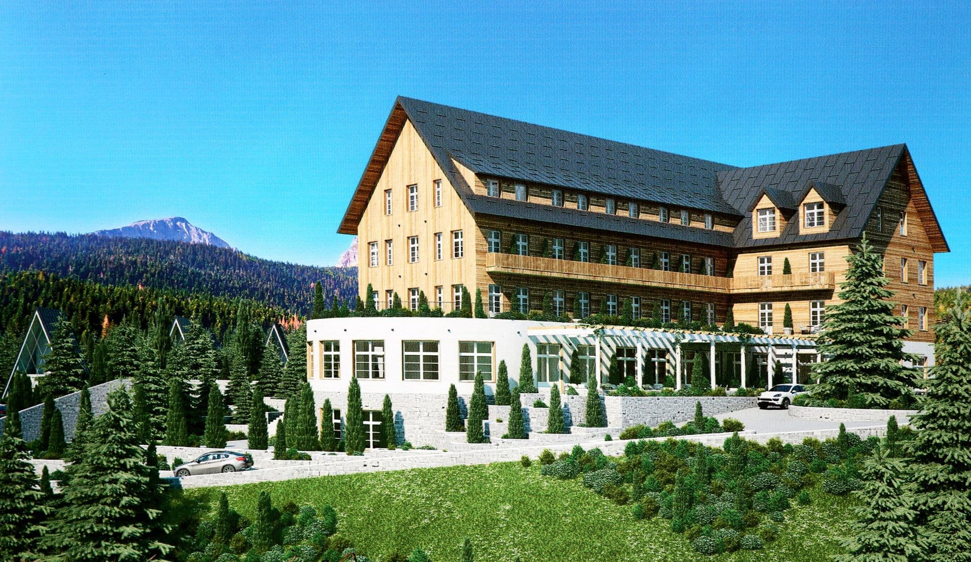 Modern Durmitor H&V Hotel in Žabljak, Montenegro: view of the wooden facade and mountain landscape surrounded by a coniferous forest